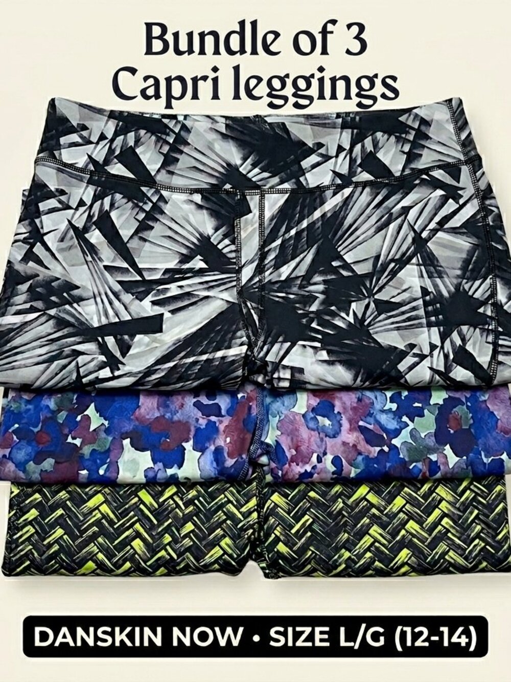 Bundle of 3 Capri Leggings Large 12-14 Crop Fitted Floral Geometric Danskin Now